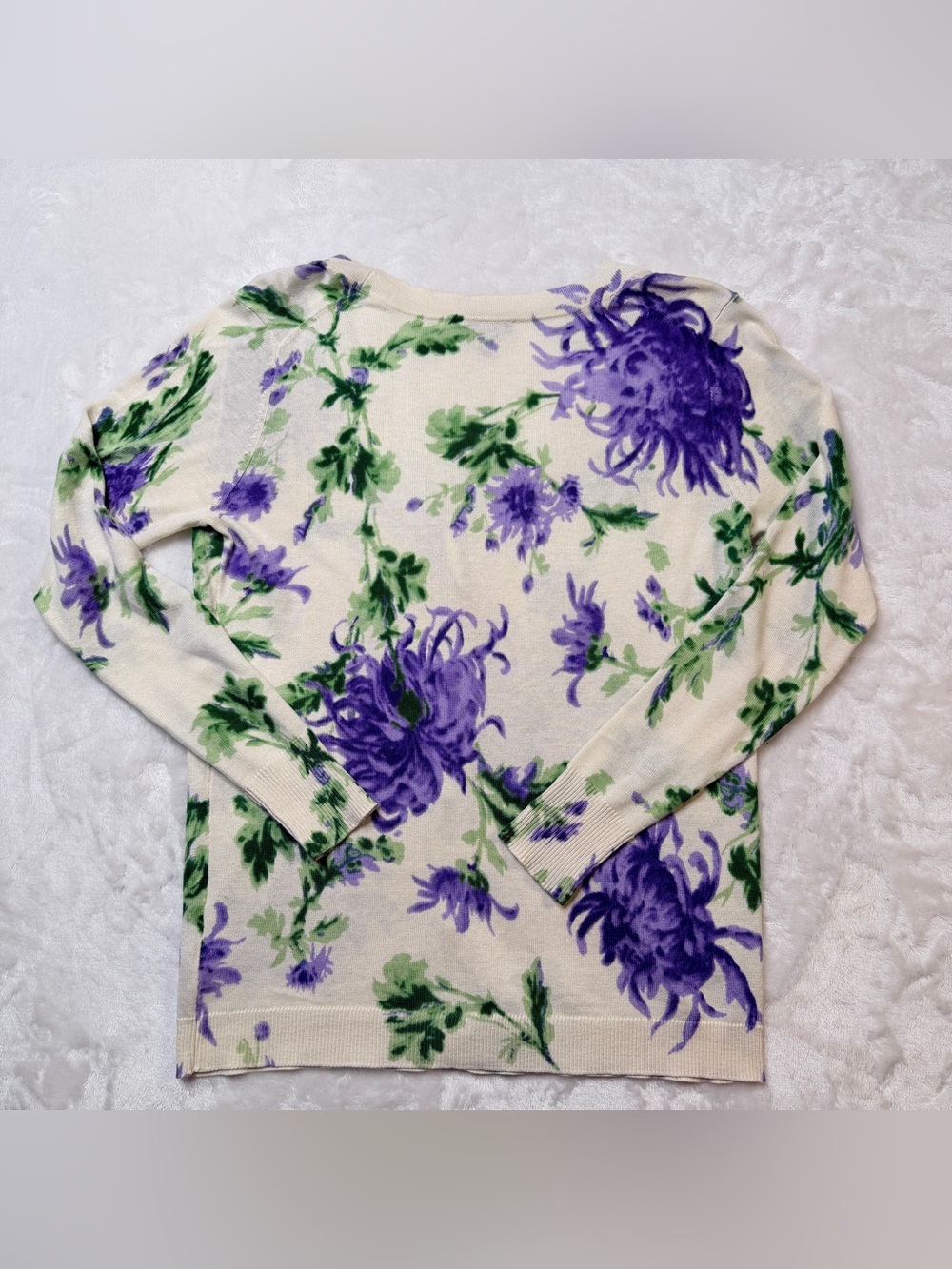 Talbots Cream Sweater with lavender Floral and Green Leaf pattern. silk,cotton, - Picture 3 of 9